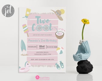 Summer Beach Invitation Summer Pool Party Birthday Invite Girl Birthday Invite Kids Indoor Two Cool Birthday Invitation DIGITALFILE