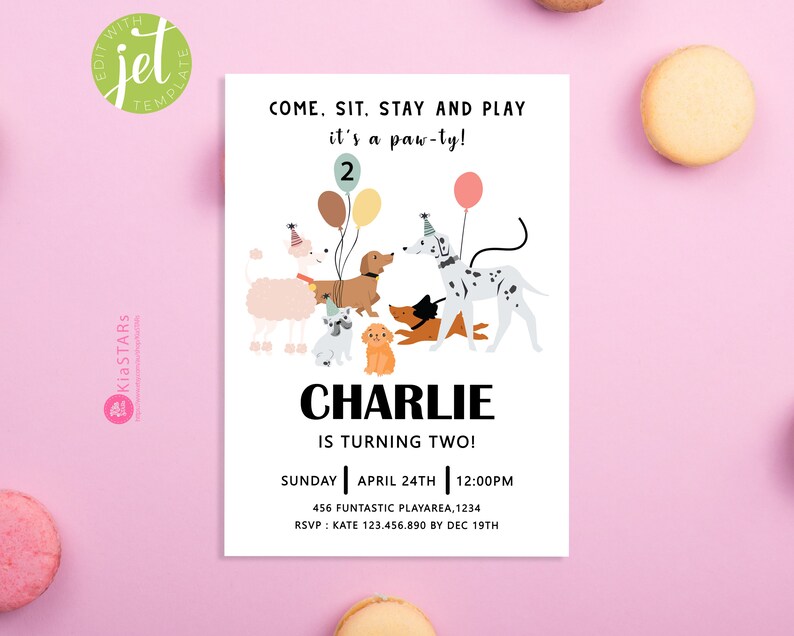 May include: A colorful invitation for a dog-themed birthday party. The invitation features a cartoon illustration of a group of dogs with party hats and balloons. The text on the invitation reads "Come. Sit. Stay and Play it's a paw-ty!" and "Charlie is turning two!" The invitation also includes the date, time, and location of the party.