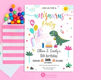 Unicorn and Dinosaur Invitation | INSTANT DOWNLOAD | Unisex Unicorn and Dinosaur Birthday Party invite| Editable Kids Party Invitation
