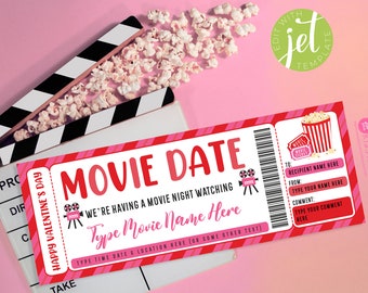 Editable Movie Ticket Birthday Invitation, Movie Party Ticket, Movie Night Invitation, Cinema Invitation, Instant Download, Valentine  Date