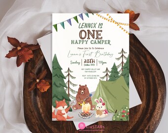 One Happy Camper First Birthday Invitation | Editable Digital Template | National Park Adventure Birthday Kids Party Instant Download