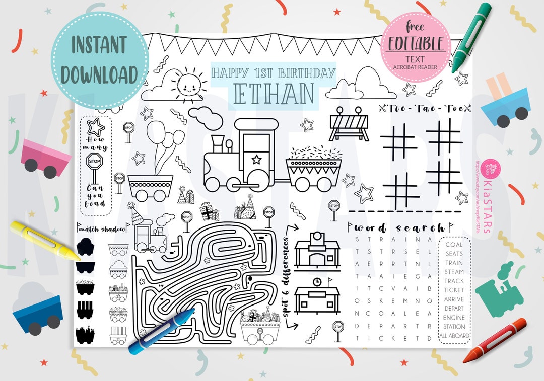 Train Printable Activity and Coloring Pages, Editable, Train Birthday ...