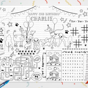 May include: A black and white printable activity sheet for a child's 2nd birthday party. The sheet features a birthday message, "Happy 2nd Birthday Charlie", a maze, a word search, a tic-tac-toe game, and a spot the difference game. The sheet is decorated with paw prints and stars.