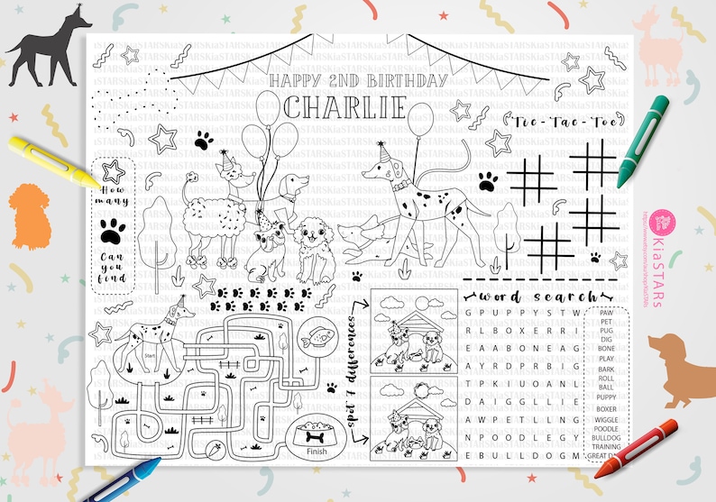 May include: A black and white printable activity sheet for a child's 2nd birthday party. The sheet features a birthday message, "Happy 2nd Birthday Charlie", a maze, a word search, a tic-tac-toe game, and a spot the difference game. The sheet is decorated with paw prints and stars.