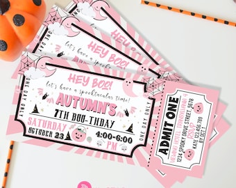 Pink Halloween Birthday Invite, Pink Halloween Party Invitation, Cute Halloween Invite, Spooktacular, Ghosts, Stars, Kids, Pumpkin, DIGITAL