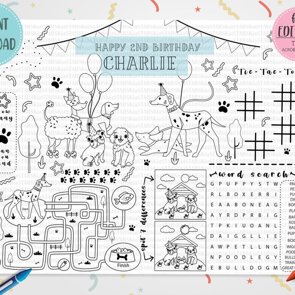 Lets Pawty Birthday Activity And Coloring Pages,Puppy Activity,Pawty Birthday Game, Dog Birthday Party for Girls,Editable Template Printable