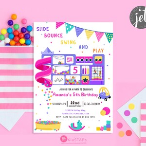 以下が含まれることがあります： 遊び場での5歳の誕生日パーティーのカラフルな招待状。招待状には、滑り台、ブランコ、ボールプールのある遊び場の漫画のイラストが描かれています。招待状のテキストは次のとおりです。「Slide * Bounce Swing and Play Amanda's 5th Birthday Saturday 22nd January 2022 12:30-3:00pm 123GYM Valley Way, FUNTASTIC PLAYAREA, 1234 RSVP KATE 123.456.890 BY DEC 19TH」