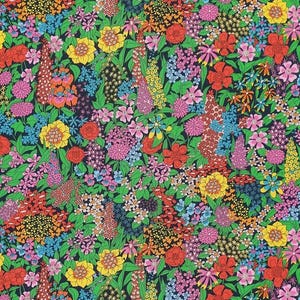 May include: A vibrant floral pattern featuring a dense arrangement of colorful flowers and green leaves against a dark background. The design includes red, yellow, pink, blue, and orange blooms, creating a lively and detailed botanical print.
