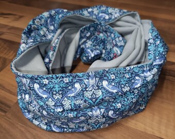 Liberty lantana Strawberry Thief and light gray flannel snood