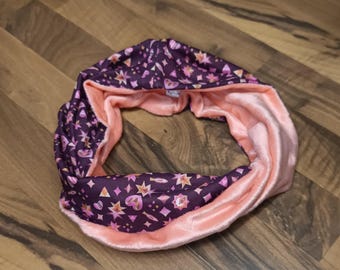 Twisty children's neck warmer snood in Liberty She's a Moypup and coral minky.