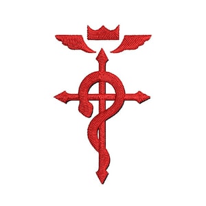 Peut inclure: Symbole rouge avec un serpent enroulé autour d'une croix et une couronne au-dessus. Le symbole est connu sous le nom de symbole de Flamel.