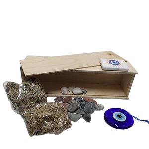 Cretan Gift Box, Sea Stones, Aromatic Thyme, Aromatic Dictamnus and Evil Eye in a Wooden Box, Magnet Cretan Memories, Greek Cretan Souvenir