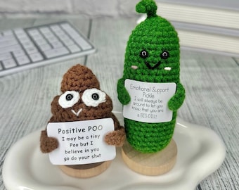 Handmade Emotional Support Gifts with Wood Stand, Cute Crochet Positive Potato, Gifts for Coworkers, Best Friend, Funny Office Desk Decor