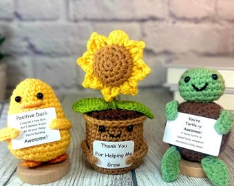 Emotional Support Crochet Gifts, Handmade Positive Crochet Animals, Flowers & Food, Funny Desk Decor, Coworker Appreciation, Gifts for Staff