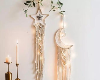 Handmade Moon Star Macrame Dream Catcher, Wall Hanging Tapestry Lights, Bohemian Decor, Bedroom Nursery Ornament Decor, Home Accents!
