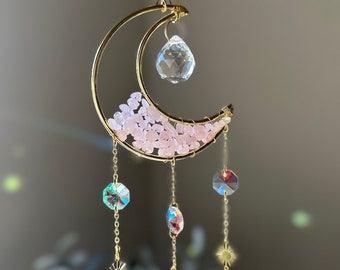 Amethyst Crystals Suncatcher - Hanging Moon Sun Catcher with Glass Prisms for Windows, Healing Amethyst Crystal Decor, Mother’s Day Gift