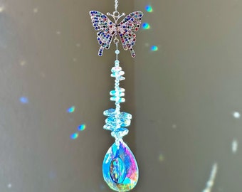 Butterfly Crystal Suncatcher, Rainbow Crystal Window Hanging Suncatcher, Car Mirror Hanging, Sympathy Gift, Healing Crystal Suncatcher Gift