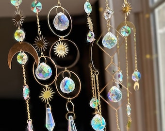 Set of 6 Suncatchers, Crystal Moon Hanging Sun Catchers, Rainbow Maker, Gold Suncatcher Set, Gift for Best Friend