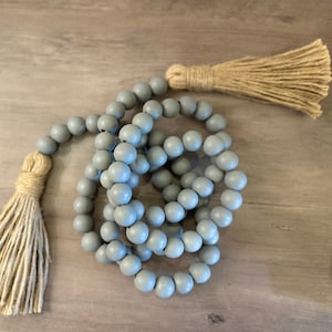 Long Gray Matte Wood Beaded Garland, Long 58 Inch, Farmhouse Matte