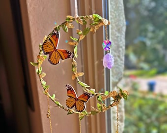 Crystal Moon Suncatcher, Butterfly Leaf Hanging Window Prism, Amethyst Rainbow Reflector