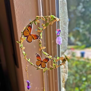Amethyst Butterfly Moon & Leaf Suncatcher, Hanging Sun Catcher for Windows, Butterfly Heart Suncatcher, Mother’s Day Gift