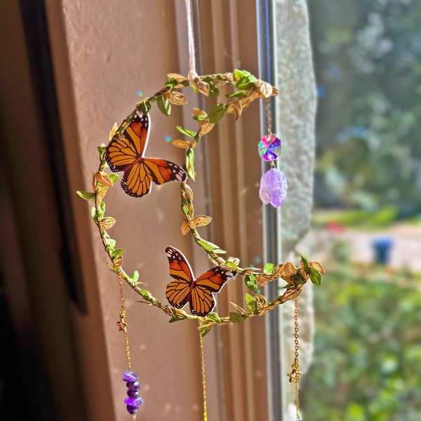 Amethyst Butterfly Moon & Leaf Suncatcher, Hanging Sun Catcher for Windows, Butterfly Heart Suncatcher, Mother’s Day Gift