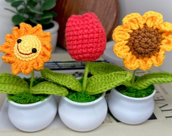 Sunflower Crochet Desk Plant, Handmade Tulip, Crochet Flower, Emotional Support Crochet Plant, Thank You Gifts, Teacher Appreciation
