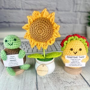 Positive Potato & Emotional Support Pickle, Crochet Animals and Flowers with Stand, Thank You Gift, Coworker Appreciation, Mother's Day Gift