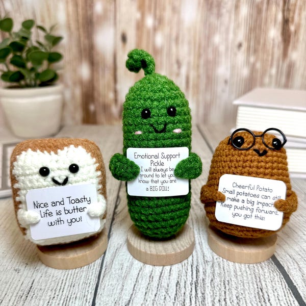 Positive Potato & Emotional Support Pickle, Crochet Animals with Wood Stand, Thank You Gift, Funny Coworker Office Gifts, Mother's Day Gifts