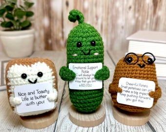 Positive Potato & Emotional Support Pickle, Crochet Animals and Flowers with Stand, Thank You Gift, Coworker Appreciation, Mother's Day Gift