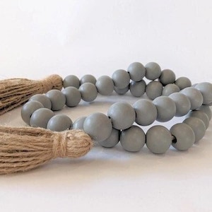 Long Gray Matte Wood Beaded Garland, Long 58 inch, Farmhouse Matte Finish Grey Beads, Coffee Table Decor Accents