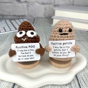 Positive Potato Gift with Stand, Cute Handmade Crochet Positive Potato, Send a Hug, Thinking of You, Cheer Up Gift, Graduation Gift Poo + Stand