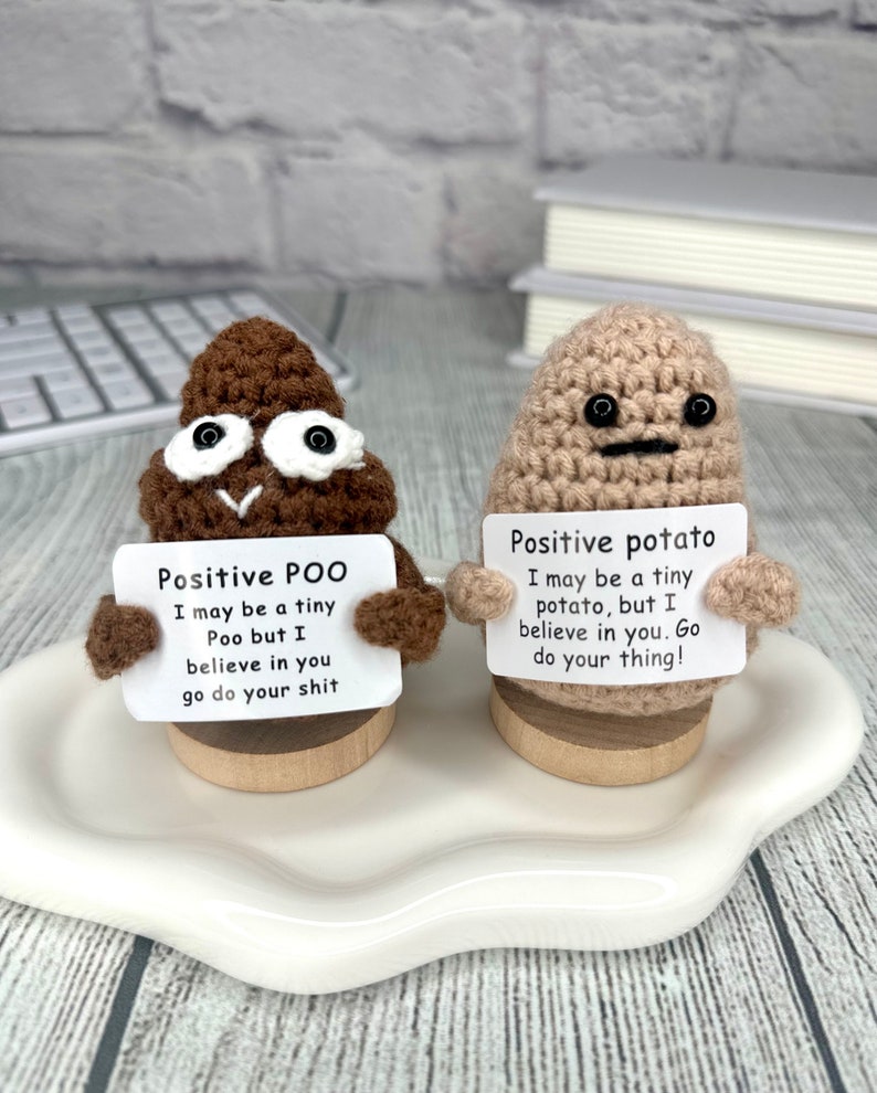 Positive Potato Gift with Stand, Cute Handmade Crochet Positive Potato, Send a Hug, Thinking of You, Cheer Up Gift, Graduation Gift Poo + Stand