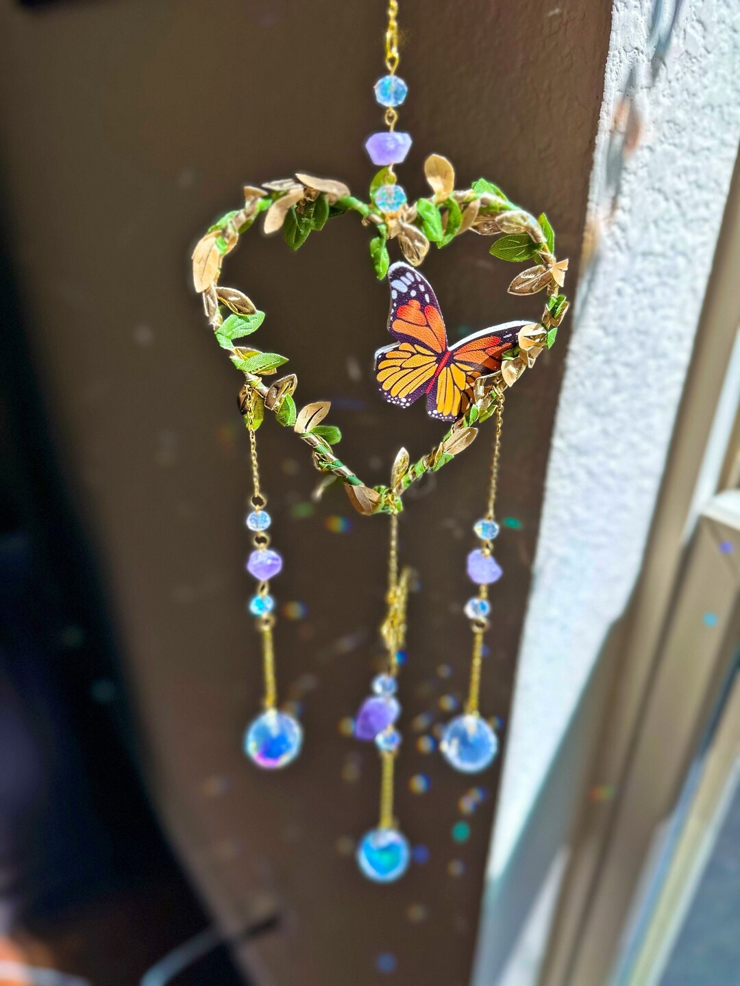 Butterfly Heart Crystal Gift, Amethyst Suncatcher, Window Hanging Sun