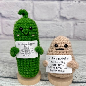 Positive Potato Gift with Stand, Cute Handmade Crochet Positive Potato, Send a Hug, Thinking of You, Cheer Up Gift, Graduation Gift Pickle + Stand