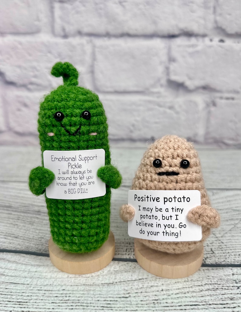 Positive Potato Gift with Stand, Cute Handmade Crochet Positive Potato, Send a Hug, Thinking of You, Cheer Up Gift, Graduation Gift Pickle + Stand