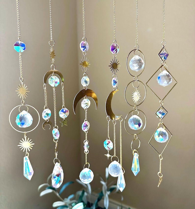 Set of 6 Suncatchers, Crystal Moon Hanging Sun Catchers, Rainbow Maker, Gold Suncatcher Set, Gift for Best Friend image 2
