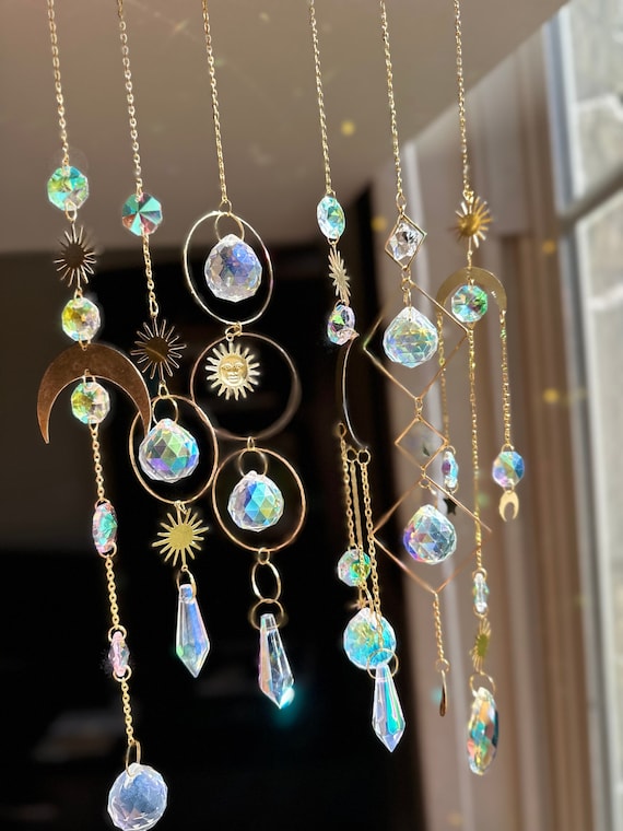 Set of 6 Suncatchers, Crystal Moon Hanging Sun Catchers, Rainbow Maker, Gold Suncatcher Set, Mother’s Day Gift