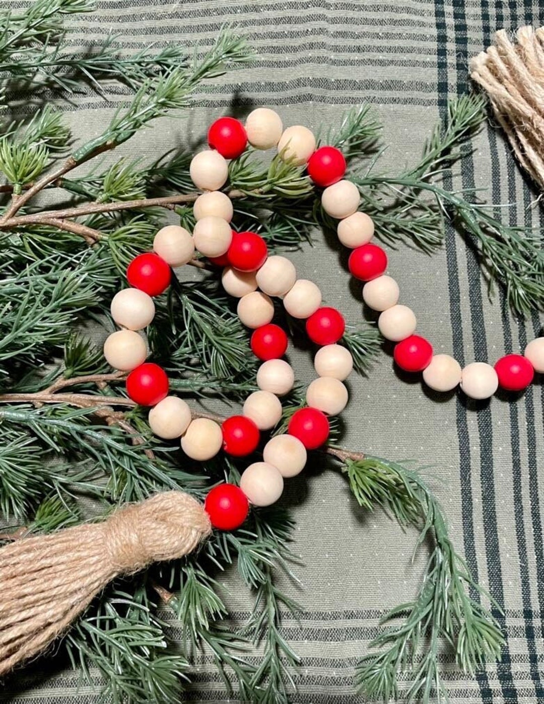 Christmas Garland Beads, 34 Inch Wood Bead Garland With Tassels