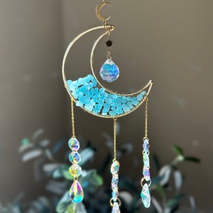Natural Moon Gemstone Suncatcher Gift, Hanging Suncatcher for Windows, Crystal Sun Catcher, Gold Plated Amethyst Prism, Fathers Day Gift