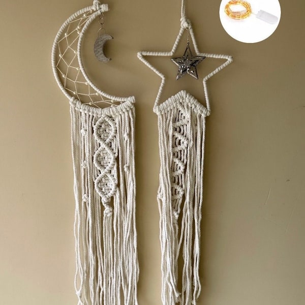 Moon and Star Macrame Wall Hanging with Lights, Celestial Dreamcatcher Decor, Boho Moon Wall Decor, Nursery Moon & Star Wall Hanging