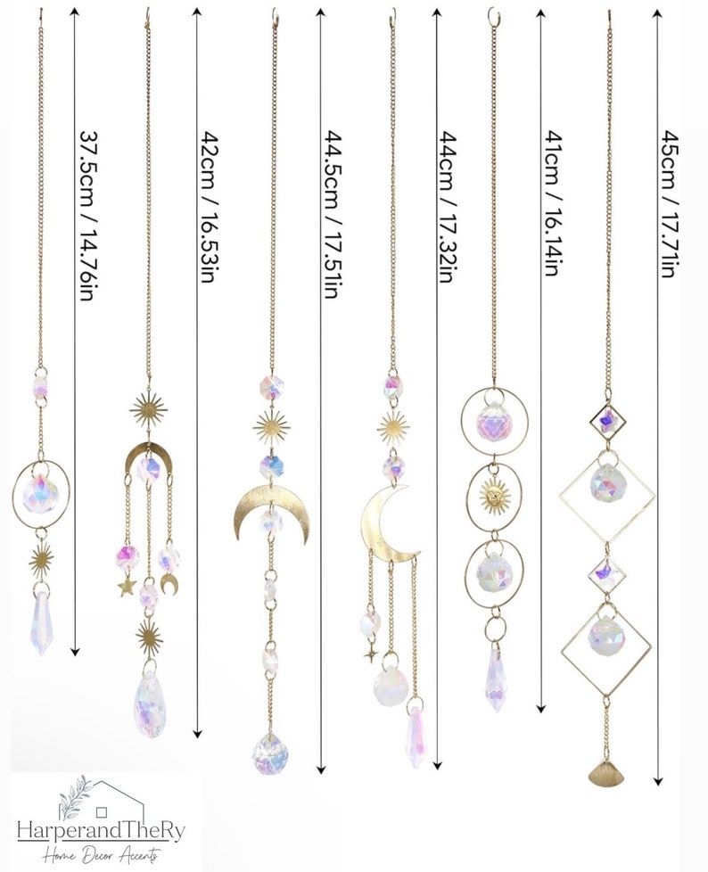 May include: Set of 6 gold celestial sun and moon hanging ornaments with iridescent crystal beads and charms. The ornaments range in length from 14.76 inches to 17.71 inches.
