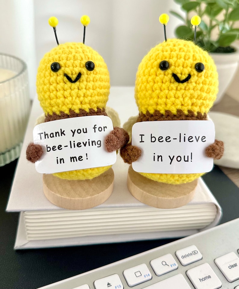 Positive Potato Gift with Stand, Cute Handmade Crochet Positive Potato, Send a Hug, Thinking of You, Cheer Up Gift, Graduation Gift Thanks Bee + Stand