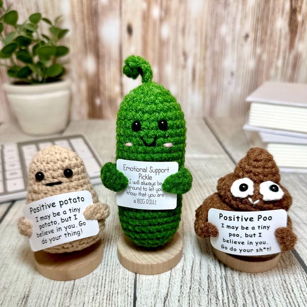 Positive Potato & Emotional Support Pickle, Crochet Animals with Wood Stand, Funny Thank You Gifts, Coworker Office Gift, Mother's Day Gifts