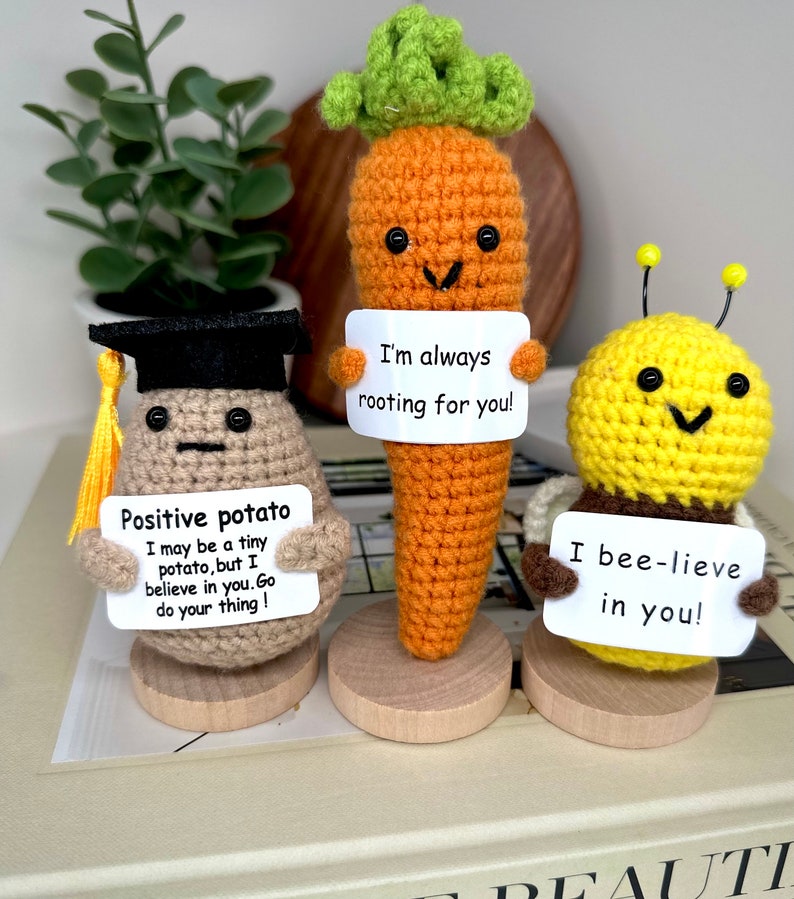 Positive Potato Gift with Stand, Cute Handmade Crochet Positive Potato, Send a Hug, Thinking of You, Cheer Up Gift, Graduation Gift image 3