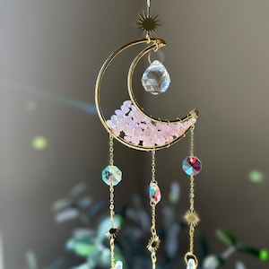 Natural Moon Gemstone Suncatcher Gift, Hanging Suncatcher for Windows, Crystal Sun Catcher, Gold Plated Amethyst Prism, Mothers Day Gift