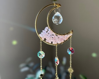 Natural Moon Gemstone Suncatcher Gift, Hanging Suncatcher for Windows, Crystal Sun Catcher, Gold Plated Amethyst Prism, Mothers Day Gift