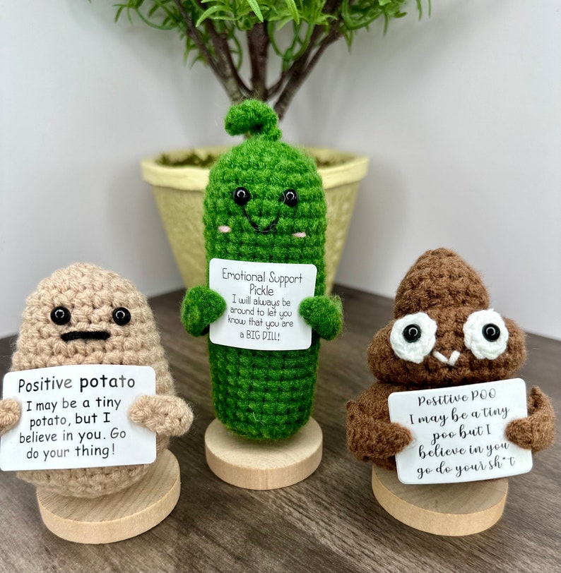 Positive Potato Gift with Stand, Cute Handmade Crochet Positive Potato, Send a Hug, Thinking of You, Cheer Up Gift, Graduation Gift Only Pickle