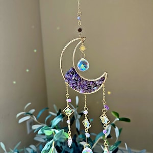 Amethyst Gemstone Crystal Suncatcher, Hanging Moon Sun Catcher with Prisms, Window Hanging, Rainbow Maker, Crystal Gift
