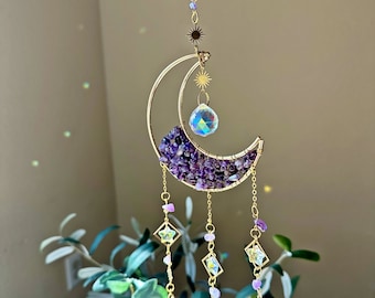 Amethyst Gemstone Crystal Suncatcher, Hanging Moon Sun Catcher with Prisms, Window Hanging, Rainbow Maker, Crystal Gift